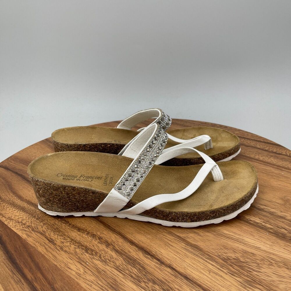 Cristina Francini Sandals Womens Size 8 White Leather Rhinestone Wedge Casual